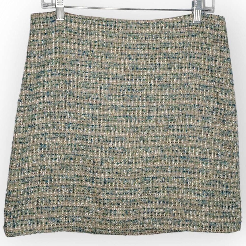 Ann Taylor Women's Tweed Mini Skirt Teal Tan Gold Lined size 8